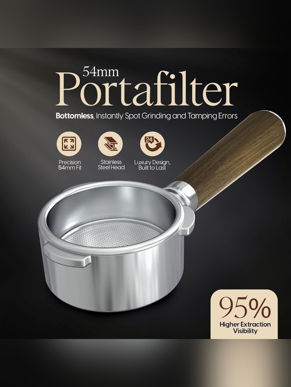 54mm Bottomless Portafilter - Stainless with Wood Handle